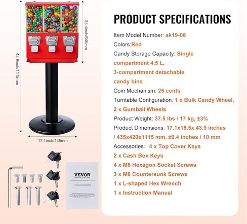 آلة بيع تجارية VEVOR، موزع حلوى ثلاثي المقصورة مع حامل حديد، آلة حلوى العلكة والحلوى للأعمال التجارية، بنك Gumball يعمل بقطع النقود المعدنية لكبسولات الألعاب، كرات نطاطة، حلوى الجوز، أحمر in Kuwait