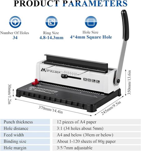 ماكينة تجليد لفائف حلزونية ماكينة تجليد الأسلاك 34 - فتحات بحجم مربع، سعة تثقيب 120 ورقة، صانع كتب ربط 12 ورقة لحجم الحروف، A4، A5 أو حجم أصغر in Kuwait