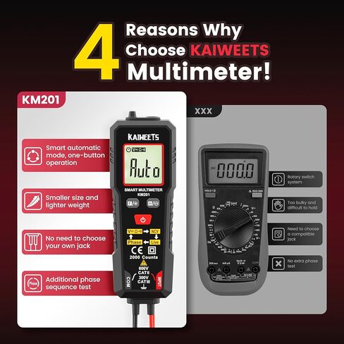KAIWEETS Smart Multimeter TRMS 2000 Counts، الفولتميتر مع NCV يقيس جهد التيار المتردد DC، المقاومة، الاستمرارية، المرحلة، جهاز اختبار الجهد الكهربائي المحمول مع حامل يؤدي للمنزل، اختبار ورشة العمل in Kuwait