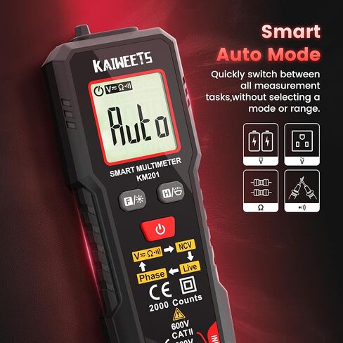 KAIWEETS Smart Multimeter TRMS 2000 Counts، الفولتميتر مع NCV يقيس جهد التيار المتردد DC، المقاومة، الاستمرارية، المرحلة، جهاز اختبار الجهد الكهربائي المحمول مع حامل يؤدي للمنزل، اختبار ورشة العمل in Kuwait