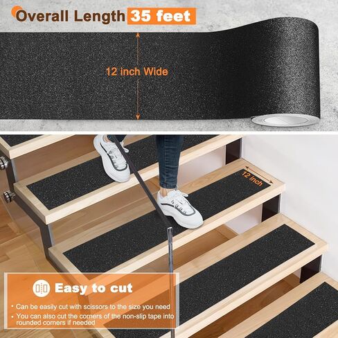 شريط مضاد للانزلاق للسلالم في الهواء الطلق في الأماكن المغلقة، 1 بوصة × 35 قدم، شرائط شريطية شديدة التحمل غير قابلة للانزلاق، شريط مانع للانزلاق، شريط قبضة، شريط جر لسلالم منحدر خطوات الدرج، مقاوم للماء، أسود in Kuwait