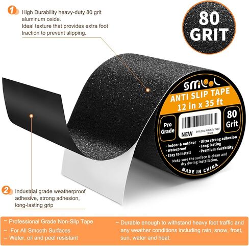 شريط مضاد للانزلاق للسلالم في الهواء الطلق في الأماكن المغلقة، 1 بوصة × 35 قدم، شرائط شريطية شديدة التحمل غير قابلة للانزلاق، شريط مانع للانزلاق، شريط قبضة، شريط جر لسلالم منحدر خطوات الدرج، مقاوم للماء، أسود in Kuwait