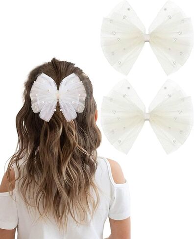 2PCS Pearl Hair Bows Clip for Toddler Girls Cream Sweet First Communion Baby Hair Clips for Wedding Party Daily Wearing in Saudi Arabia
