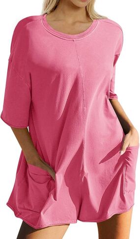 Ugerlov ثوب فضفاض نسائي غير رسمي نصف كم قصير جمبسوت رياضي برقبة سكوب وزرة هوت شوت تي رومبير مع جيوب in Kuwait