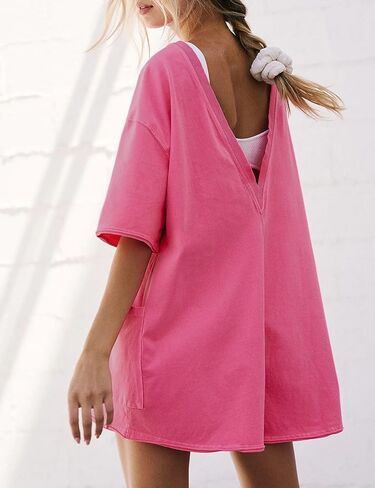 Ugerlov ثوب فضفاض نسائي غير رسمي نصف كم قصير جمبسوت رياضي برقبة سكوب وزرة هوت شوت تي رومبير مع جيوب in Kuwait