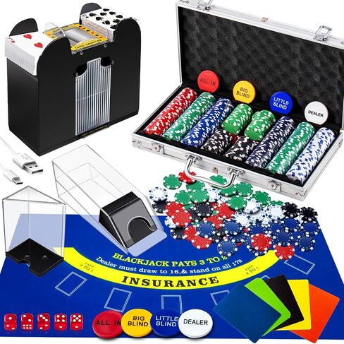 Aoriher Blackjack Casino Set, Include 300 Poker Chips, 10 Cut Cards, 5 Dice, Double Sided Casino Felt, 1 Shuffler, 6 Deck Dealer Shoe, Discard Holder Tray, 4 Casino Buttons, and Aluminum Case (Blue) in Saudi Arabia