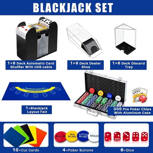 Aoriher Blackjack Casino Set, Include 300 Poker Chips, 10 Cut Cards, 5 Dice, Double Sided Casino Felt, 1 Shuffler, 6 Deck Dealer Shoe, Discard Holder Tray, 4 Casino Buttons, and Aluminum Case (Blue) in Saudi Arabia