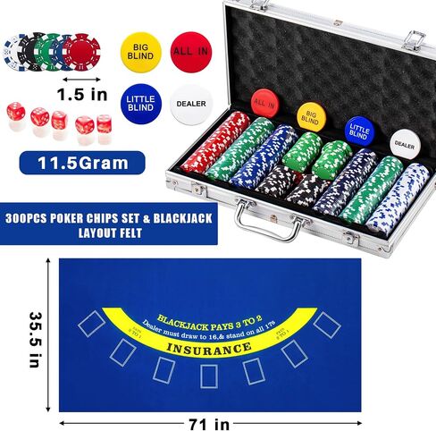 Aoriher Blackjack Casino Set, Include 300 Poker Chips, 10 Cut Cards, 5 Dice, Double Sided Casino Felt, 1 Shuffler, 6 Deck Dealer Shoe, Discard Holder Tray, 4 Casino Buttons, and Aluminum Case (Blue) in Saudi Arabia