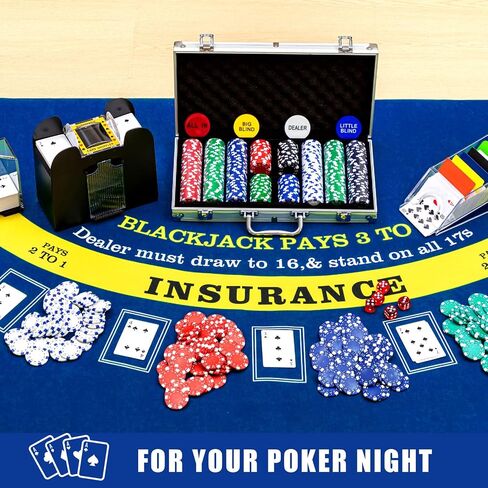 Aoriher Blackjack Casino Set, Include 300 Poker Chips, 10 Cut Cards, 5 Dice, Double Sided Casino Felt, 1 Shuffler, 6 Deck Dealer Shoe, Discard Holder Tray, 4 Casino Buttons, and Aluminum Case (Blue) in Saudi Arabia
