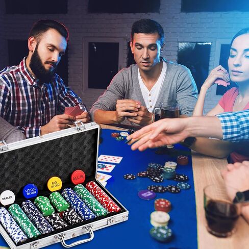 Aoriher Blackjack Casino Set, Include 300 Poker Chips, 10 Cut Cards, 5 Dice, Double Sided Casino Felt, 1 Shuffler, 6 Deck Dealer Shoe, Discard Holder Tray, 4 Casino Buttons, and Aluminum Case (Blue) in Saudi Arabia