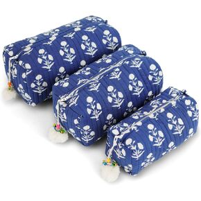 Quilted Floral Makeup Bag Set – Blue Poppy Pattern 3 Sizes, Waterproof Lining, Make Up Travel Cosmetic & Toiletry Bags For Traveling Women in Saudi Arabia