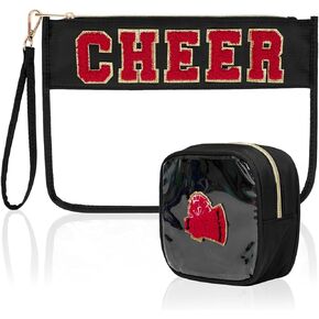 2 PCS حقيبة مكياج Clear Cheer ، حقيبة التداخل في Chenille Letter مع ملحقات حقيبة Heaver Cheer ، حقيبة مستحضرات السفر PVC PVC المقاومة للماء للنساء المشجعين （Cheer-Black） in Saudi Arabia