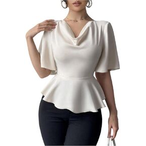 OYOANGLE Women's Elegant Cowl Neck Ruched Ruffle Short Sleeve Blouse Work Dressy Casual Peplum Top in Kuwait