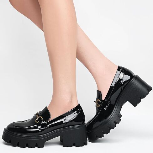 Black Platform Loafers for Women - Women's Slip-On Leather Loafers, Chunky Comfort Shoes for Work & Dressy Occasions in Saudi Arabia