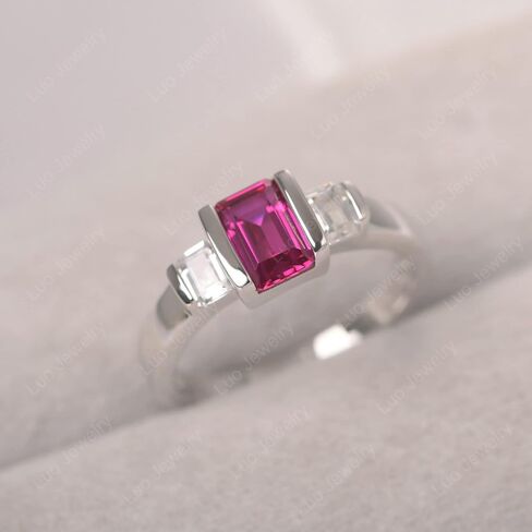 S925 Sterling Silver 3-Stone Ring Engagement Ring Emerald Cut Gemstone Ring Half Bezel Wedding Promise Rings for Women Jewelry in Saudi Arabia
