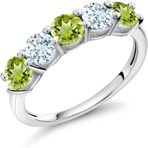 Gem Stone King 925 Sterling Silver Green Peridot and Sky Blue Aquamarine Wedding Band Ring For Women (0.96 Cttw, Round 3.5MM, Gemstone August Birthstone, Available In Size 5, 6, 7, 8, 9) in Saudi Arabia