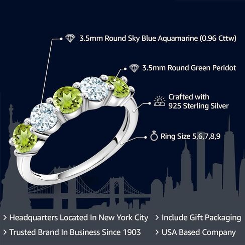 Gem Stone King 925 Sterling Silver Green Peridot and Sky Blue Aquamarine Wedding Band Ring For Women (0.96 Cttw, Round 3.5MM, Gemstone August Birthstone, Available In Size 5, 6, 7, 8, 9) in Saudi Arabia