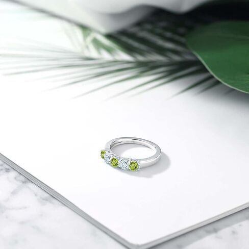 Gem Stone King 925 Sterling Silver Green Peridot and Sky Blue Aquamarine Wedding Band Ring For Women (0.96 Cttw, Round 3.5MM, Gemstone August Birthstone, Available In Size 5, 6, 7, 8, 9) in Saudi Arabia