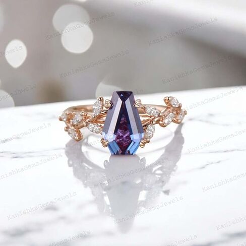 Coffin Cut Multi Gemstone Engagement Ring 14k Rose Gold Twig Leaf Diamond Ring Art Deco Bridal Jewelry Unique Wedding Gift for Wife Family Birthstone Ring in Saudi Arabia