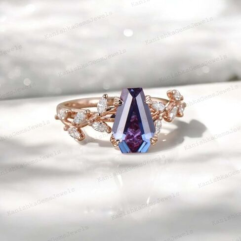 Coffin Cut Multi Gemstone Engagement Ring 14k Rose Gold Twig Leaf Diamond Ring Art Deco Bridal Jewelry Unique Wedding Gift for Wife Family Birthstone Ring in Saudi Arabia