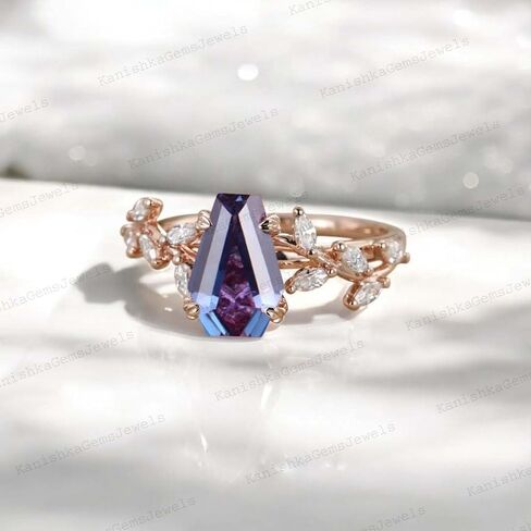 Coffin Cut Multi Gemstone Engagement Ring 14k Rose Gold Twig Leaf Diamond Ring Art Deco Bridal Jewelry Unique Wedding Gift for Wife Family Birthstone Ring in Saudi Arabia
