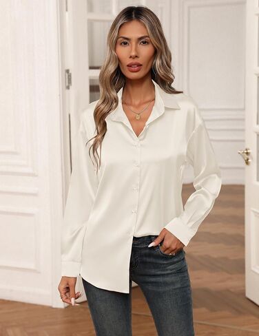 Zeagoo Blouses for Women Silk Button Down Shirts Casual Loose Long Sleeve Satin Top Business Work Tunic in Saudi Arabia