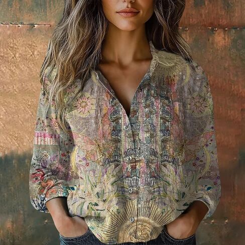 قمم S-5XL BOHO للنساء طويل الأكمام عتيقة زهرية رجعية بلوزات Ladies Vintage V زر أسفل القمصان أسفل القمصان in Saudi Arabia