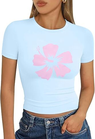 Y2K Graphic Baby Tees for Women Slim Fit Aesthetic Flower Print Crop Tops Girls Summer Hawaii Cropped Tshirts in Kuwait
