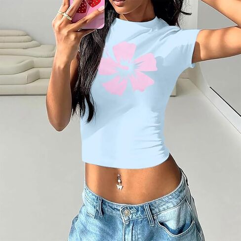 Y2K Graphic Baby Tees for Women Slim Fit Aesthetic Flower Print Crop Tops Girls Summer Hawaii Cropped Tshirts in Kuwait