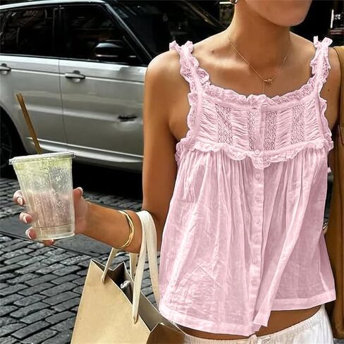 Women Summer Boho Lace Tank Top Vest Tie Front Vacation Beach Cami Tops Sleeveless Button Down Cardigan Crop Top in Saudi Arabia