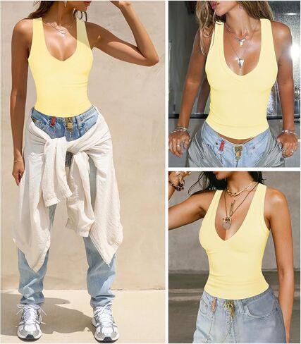 Women's Sexy Deep V Neck Cropped Tank Tops for Women Summer Slim Fitted Workout Going Out Top Basic Sleeveless Shirt in Saudi Arabia