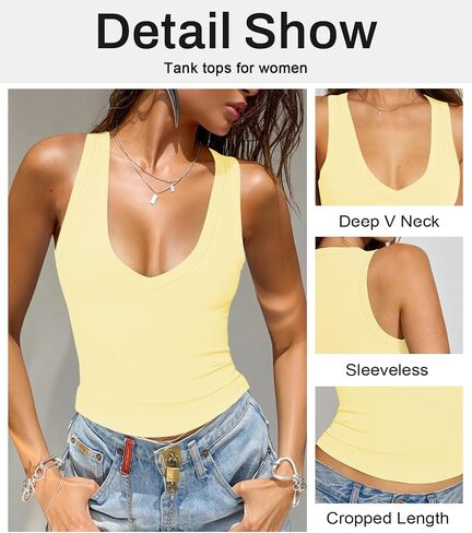 Women's Sexy Deep V Neck Cropped Tank Tops for Women Summer Slim Fitted Workout Going Out Top Basic Sleeveless Shirt in Saudi Arabia
