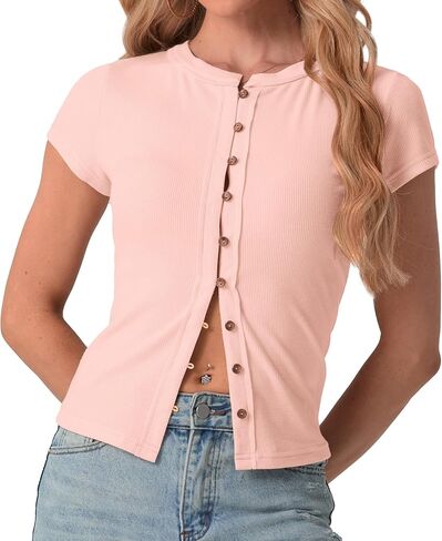 IWOLLENCE Womens Casual Lightweight Ribbed Knit Short Sleeve Tops Crewneck Button Down Shirt Slim Fit Y2K Cardigan in Kuwait