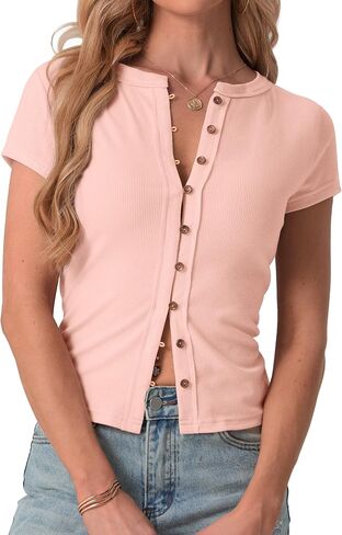 IWOLLENCE Womens Casual Lightweight Ribbed Knit Short Sleeve Tops Crewneck Button Down Shirt Slim Fit Y2K Cardigan in Kuwait