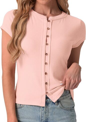 IWOLLENCE Womens Casual Lightweight Ribbed Knit Short Sleeve Tops Crewneck Button Down Shirt Slim Fit Y2K Cardigan in Kuwait
