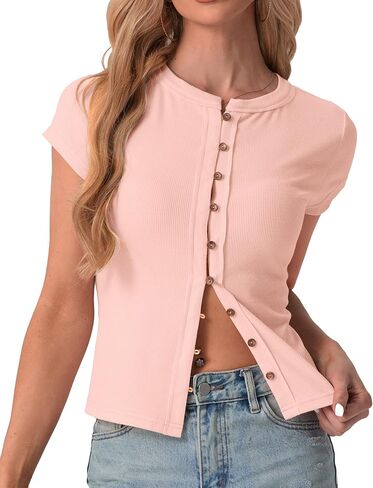 IWOLLENCE Womens Casual Lightweight Ribbed Knit Short Sleeve Tops Crewneck Button Down Shirt Slim Fit Y2K Cardigan in Kuwait