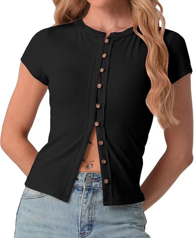 IWOLLENCE Womens Casual Lightweight Ribbed Knit Short Sleeve Tops Crewneck Button Down Shirt Slim Fit Y2K Cardigan in Kuwait