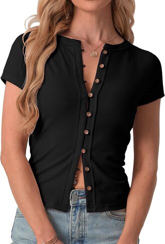 IWOLLENCE Womens Casual Lightweight Ribbed Knit Short Sleeve Tops Crewneck Button Down Shirt Slim Fit Y2K Cardigan in Kuwait