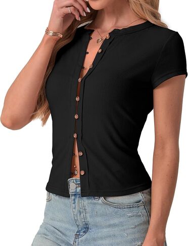 IWOLLENCE Womens Casual Lightweight Ribbed Knit Short Sleeve Tops Crewneck Button Down Shirt Slim Fit Y2K Cardigan in Kuwait