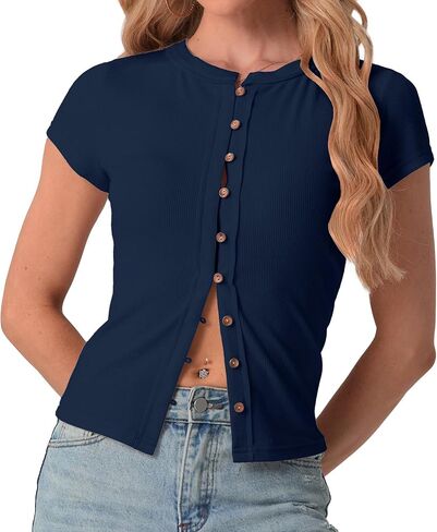 IWOLLENCE Womens Casual Lightweight Ribbed Knit Short Sleeve Tops Crewneck Button Down Shirt Slim Fit Y2K Cardigan in Kuwait