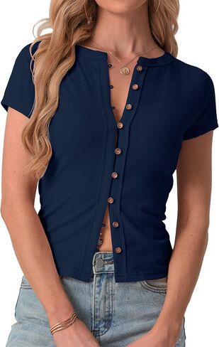 IWOLLENCE Womens Casual Lightweight Ribbed Knit Short Sleeve Tops Crewneck Button Down Shirt Slim Fit Y2K Cardigan in Kuwait
