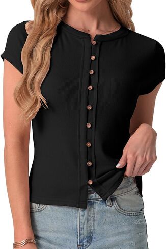 IWOLLENCE Womens Casual Lightweight Ribbed Knit Short Sleeve Tops Crewneck Button Down Shirt Slim Fit Y2K Cardigan in Kuwait