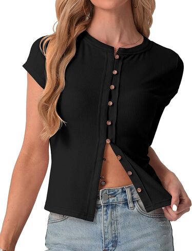 IWOLLENCE Womens Casual Lightweight Ribbed Knit Short Sleeve Tops Crewneck Button Down Shirt Slim Fit Y2K Cardigan in Kuwait