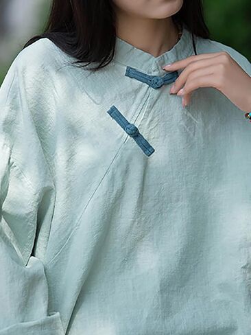 قمصان LZJN للنساء الكتانين الفنية الرجعية الرجعية على الطراز الصيني الزر أزرار الزر قميص الأكمام الطويلة in Kuwait