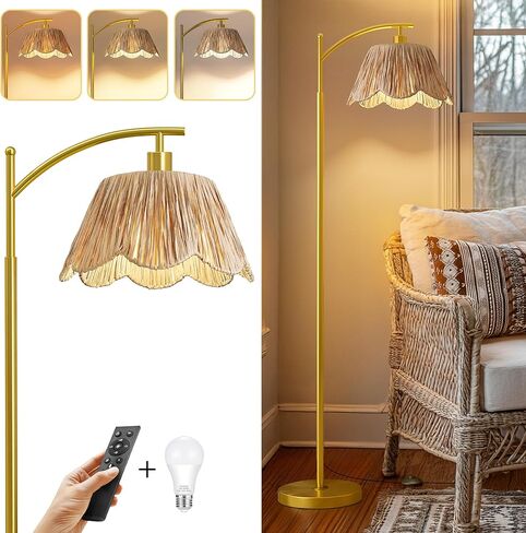 Oneach Arc Floor Lamp for Living Room,Rattan Boho Floor Lamp with Hand-Woven Wicker & Fabric Shade, Foot Switch,Gold Metal Base & Pole,Farmhouse Standing Lamp for Bedroom Corner,Office,Reading in Saudi Arabia