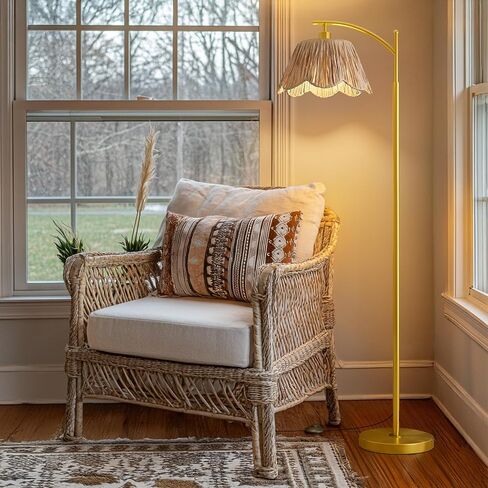 Oneach Arc Floor Lamp for Living Room,Rattan Boho Floor Lamp with Hand-Woven Wicker & Fabric Shade, Foot Switch,Gold Metal Base & Pole,Farmhouse Standing Lamp for Bedroom Corner,Office,Reading in Saudi Arabia