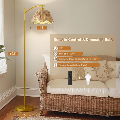 Oneach Arc Floor Lamp for Living Room,Rattan Boho Floor Lamp with Hand-Woven Wicker & Fabric Shade, Foot Switch,Gold Metal Base & Pole,Farmhouse Standing Lamp for Bedroom Corner,Office,Reading in Saudi Arabia