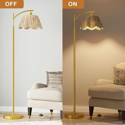 Oneach Arc Floor Lamp for Living Room,Rattan Boho Floor Lamp with Hand-Woven Wicker & Fabric Shade, Foot Switch,Gold Metal Base & Pole,Farmhouse Standing Lamp for Bedroom Corner,Office,Reading in Saudi Arabia