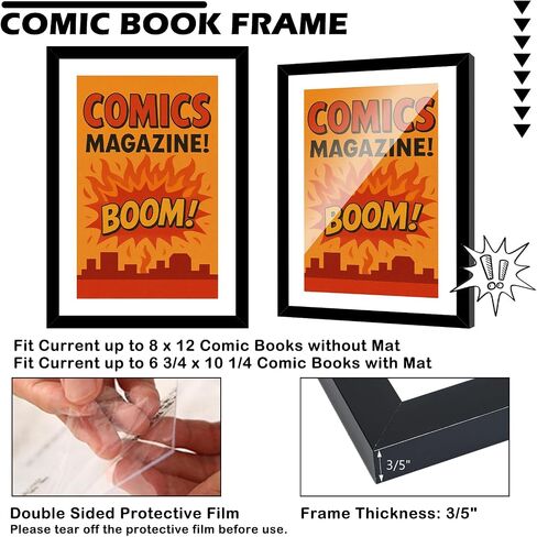 4 Pack Comic Book Frame Fits Current up to 6 3/4 x 10 1/4 Comic Book with Mat, Or 8x12 Photos Without Mat, Comic Book Display Frame with Shatter Resistant Plexiglass for Wall and Tabletop, Black in Saudi Arabia