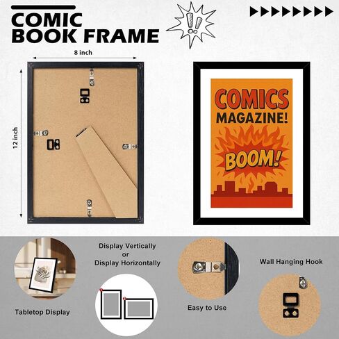4 Pack Comic Book Frame Fits Current up to 6 3/4 x 10 1/4 Comic Book with Mat, Or 8x12 Photos Without Mat, Comic Book Display Frame with Shatter Resistant Plexiglass for Wall and Tabletop, Black in Saudi Arabia